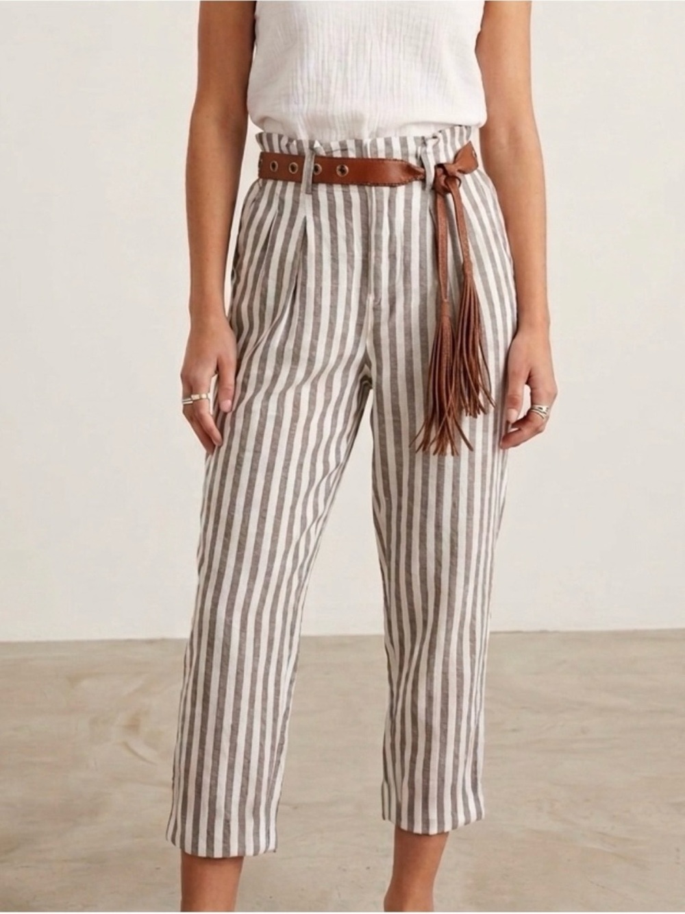 Madewell Capri Pants Paper Bag High Rise Striped Brown White Linen 00/XS